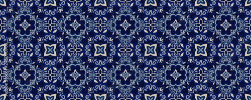 Ethnic style seamless pattern. Azulejo ceramic tile design. Zellige ornament. Talavera tracery motif. Portuguese, Spanish, Mexican, Brazilian folk print