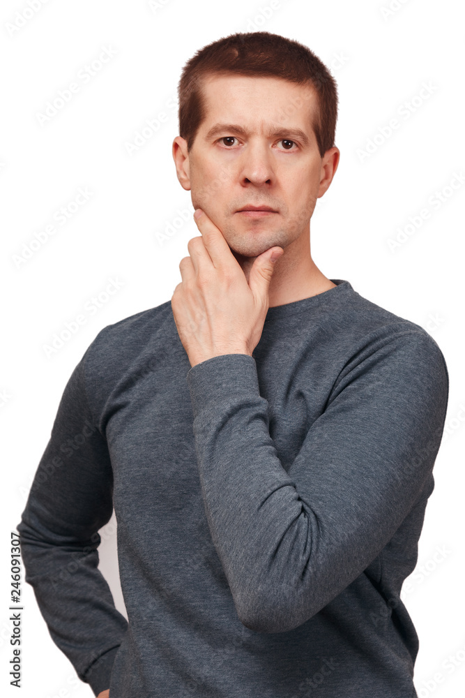 The man makes the decision. A portrait on a belt on a white background The man makes the decision. A portrait on a belt on a white background