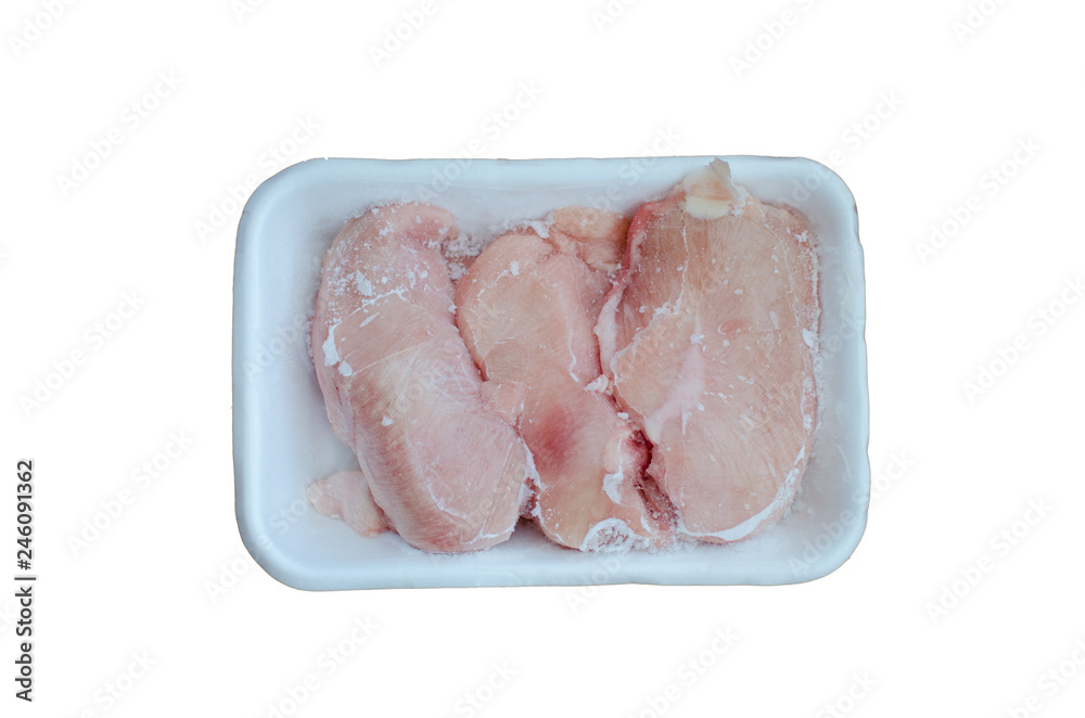 Frozen chicken fillets in white tray on white background, isolated Frozen chicken fillets in white tray on white background, isolated