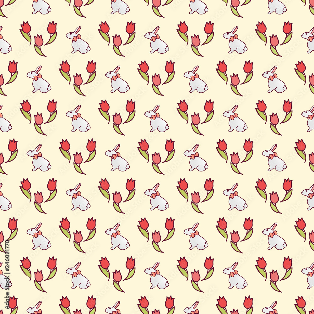 Seamless pattern - Easter bunny with a bow and a bouquet of red tulips. Festive picture on a bright yellow background. Printing for printing on fabric, paper, packaging. Vector illustration