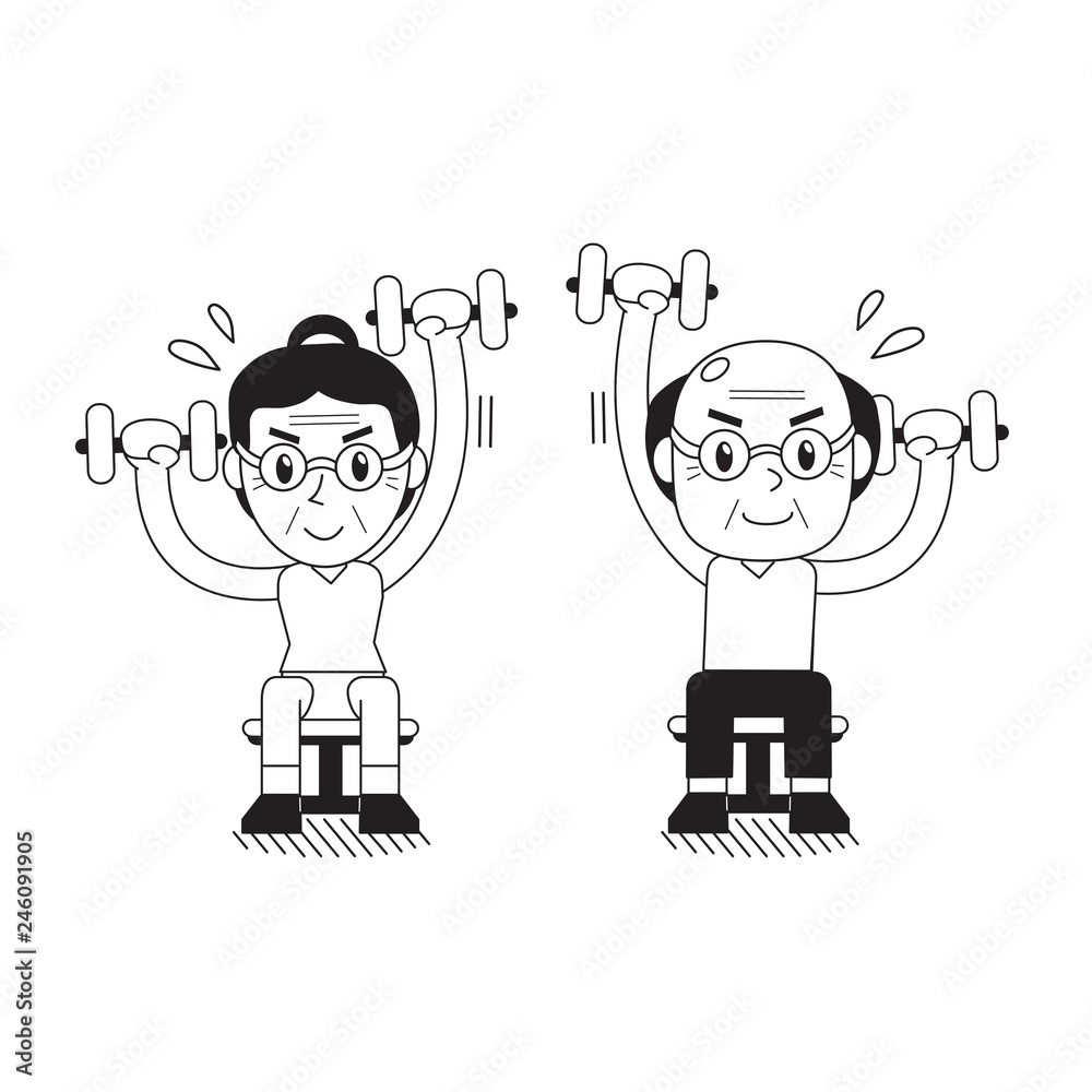 Cartoon senior man and woman doing alternate seated dumbbell press ...