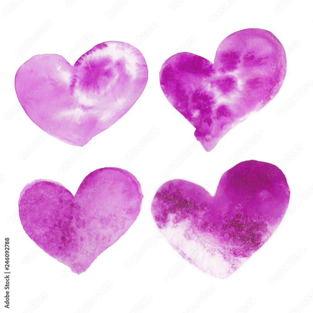Set of purple and violet watercolor heart, hand drawn,  isolated on white background