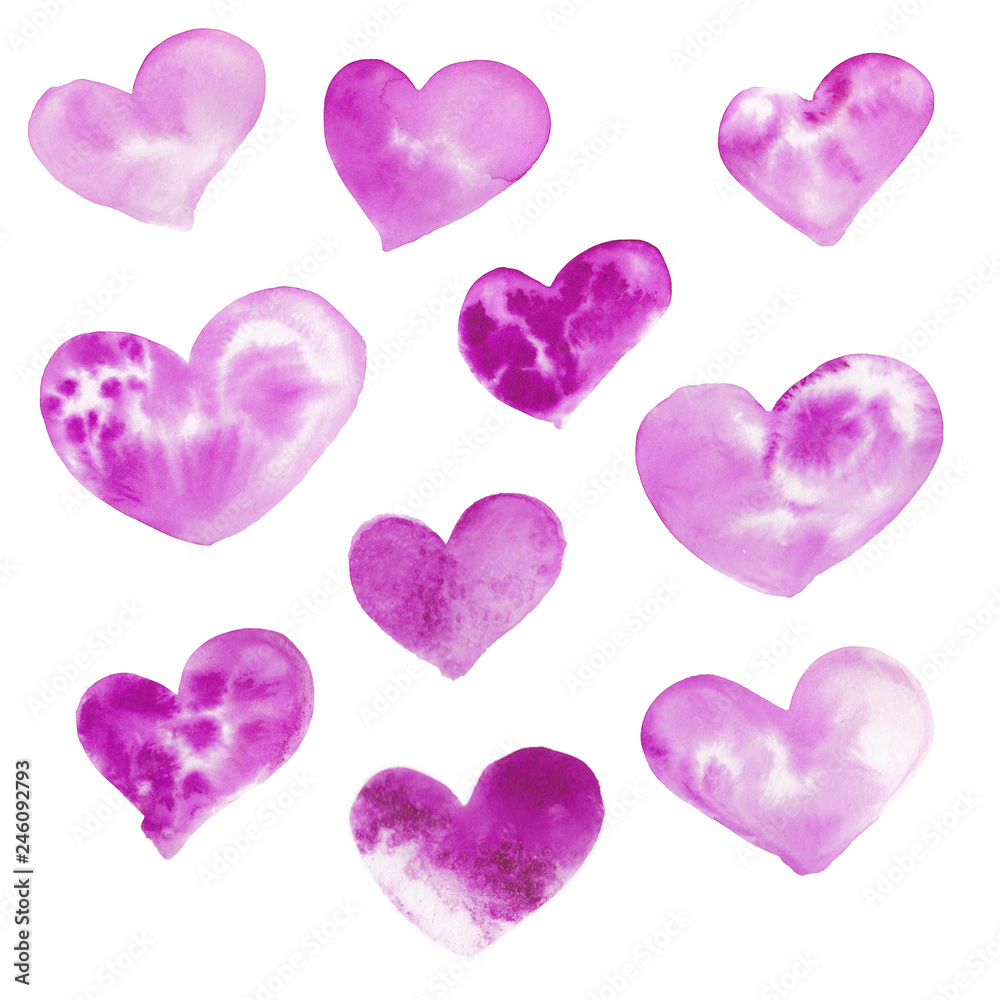 Set of purple and violet watercolor heart, hand drawn,  isolated on white background