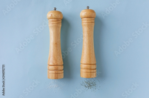 Set of wooden pepper and salt grinders or mills