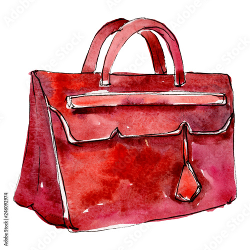 Red ladies handbag sketch glamour illustration in a watercolor style isolated. Watercolour background set.