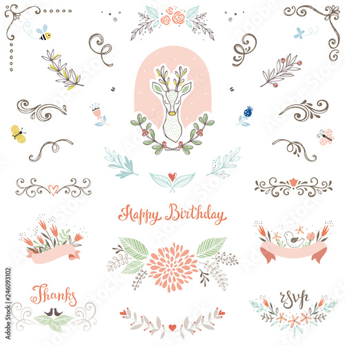 Hand drawn Birthday Party rustic collection with typographic design elements. Vector illustration.