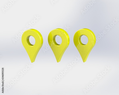 LOCATION pin glossy yellow arrow. The concept of tagging a sign landmark needle tip to create a route search. Isolated on white background 3D rendering 3D.