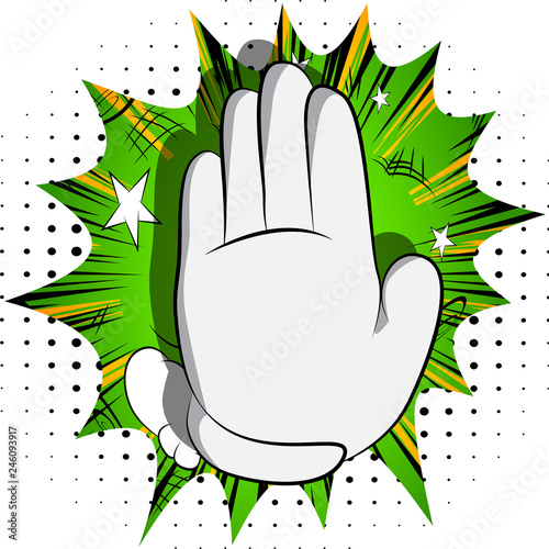 Vector cartoon hand showing deny or refuse gesture. Illustrated Like hand sign on comic book background.