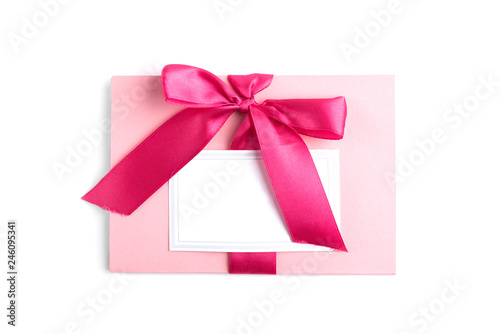 Pink greeting card isolated on white background.
