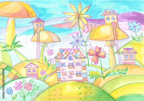 Slika na platnu Magic town with houses on mushrooms