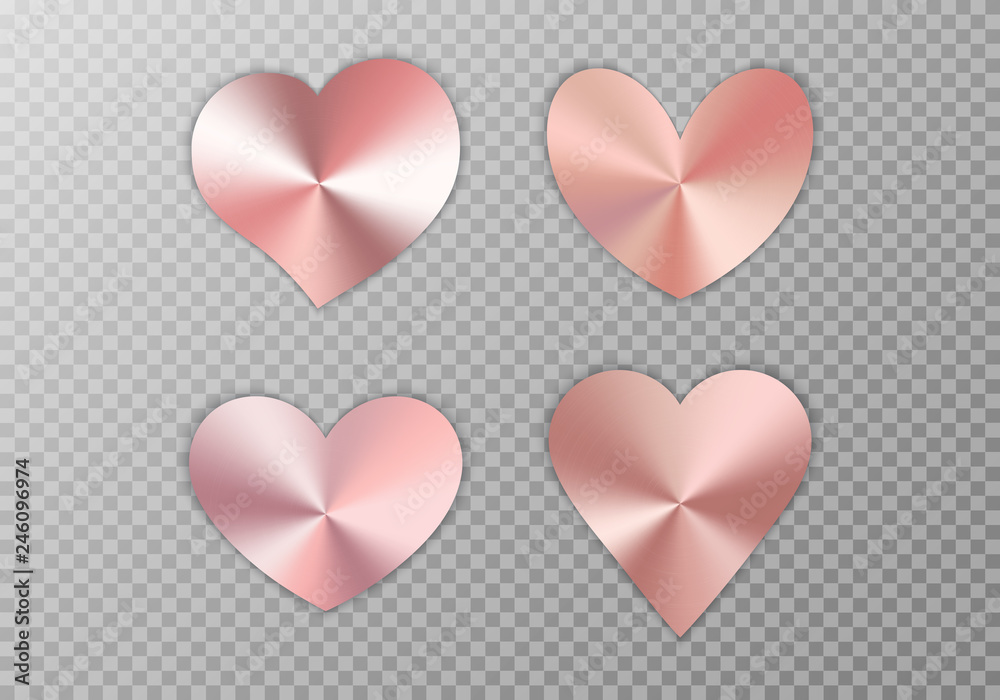 A collection of hearts with rose gold texture for a romantic greeting design for Valentine's Day, design cards for Mother's Day, March 8 and birthday. Vector illustration on a transparent background.