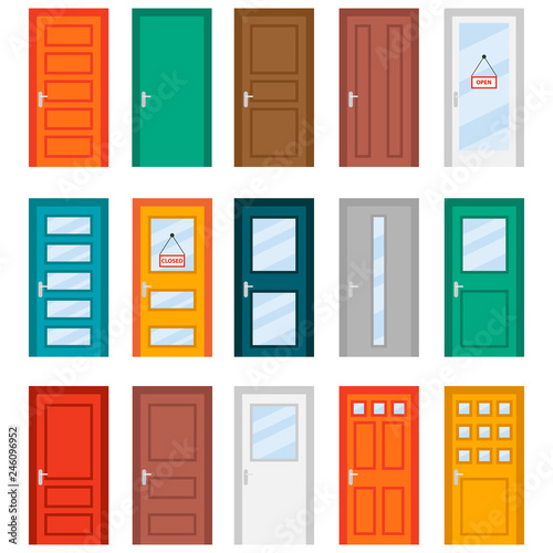 Colorful front doors to houses and buildings set in flat design style. Set of color door icons, vector illustration. Colourful realistic front doors collection photo