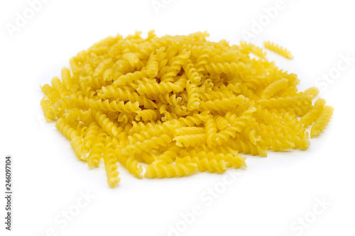 Fusilli Pasta Isolated On White Background. Traditional pasta for Italian and Mediterranean cuisine.