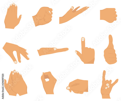 Vector flat style set of various hands gestures. Different signs and emotions. Different human hand positions color icons set.