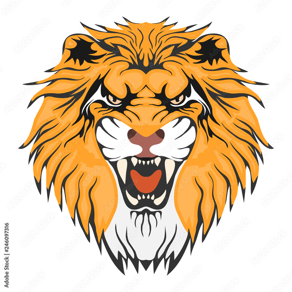 Obraz premium Lion, lion head with open mouth and teeth. Cartoon illustration of a lion. Vector.