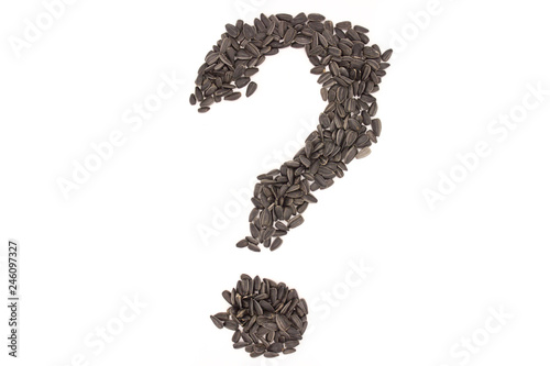 The question mark (point) from black sunflower seeds isolated on white background..
