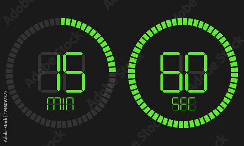 Stopwatch digital countdown timer with minutes and seconds vector display. The digital timer, electronic stopwatch with a gradient dial starting vector icon, clock and watch, timer, countdown