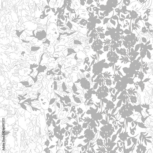 Floral seamless pattern. Pastel leaves, flowers, tulips, irises, plants in white, light grey, coral, pink arranged in organic pattern © oyuna
