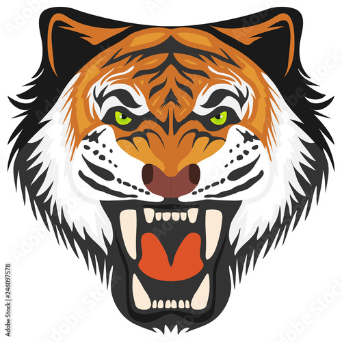 Tiger, tiger head with open mouth and teeth. Cartoon illustration of a tiger. Vector.