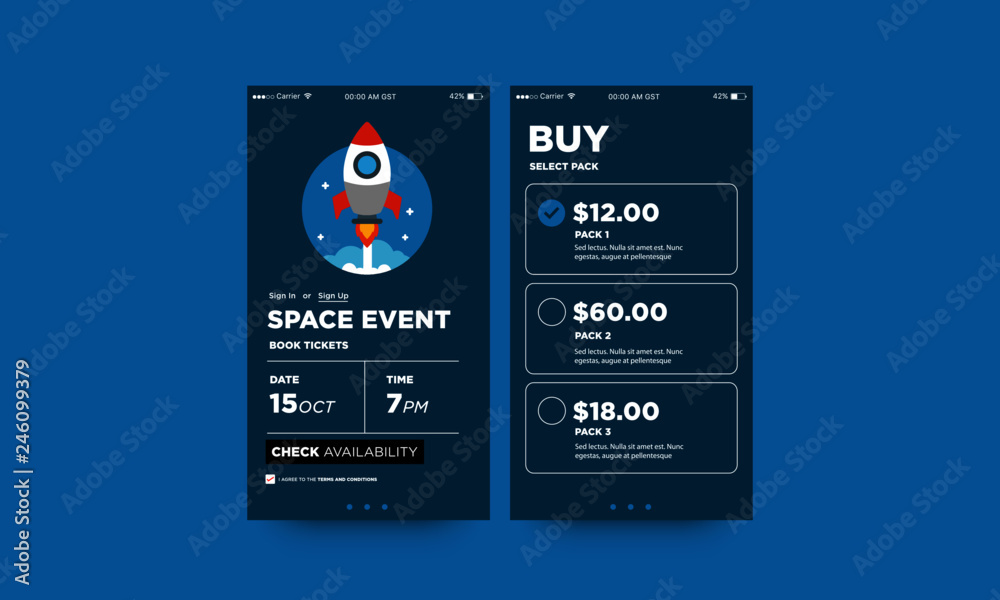 Naklejka premium Space Event App Interface Design with Rocket Vector Illustration