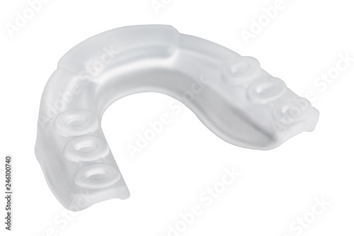 white boxing mouth guard to protect the teeth and lips, the reverse side, on a white background, isolate