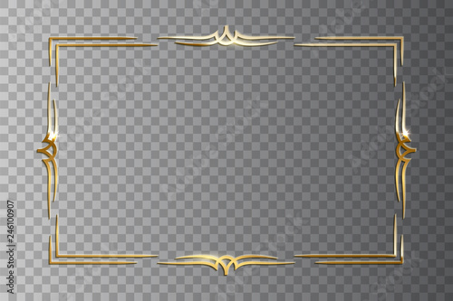 Golden shiny retro frame isolated on transparent background. Vector vintage design element.