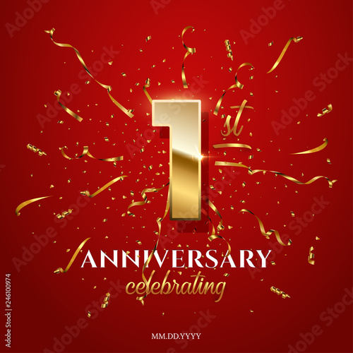 1 golden number and Anniversary Celebrating text with golden serpentine and confetti on red background. Vector first anniversary celebration event square template.