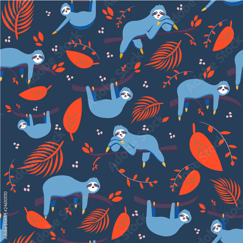 Fototapeta Naklejka Na Ścianę i Meble -  Vector seamless pattern with cute blue sloth and colorful tropical leaves