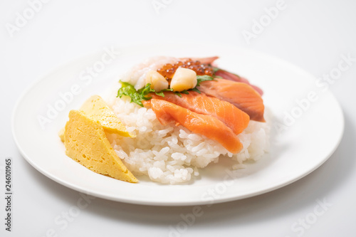 Salmon sashimi, Ikura(salmon roe) and other seafood with rice, Japanese style food.