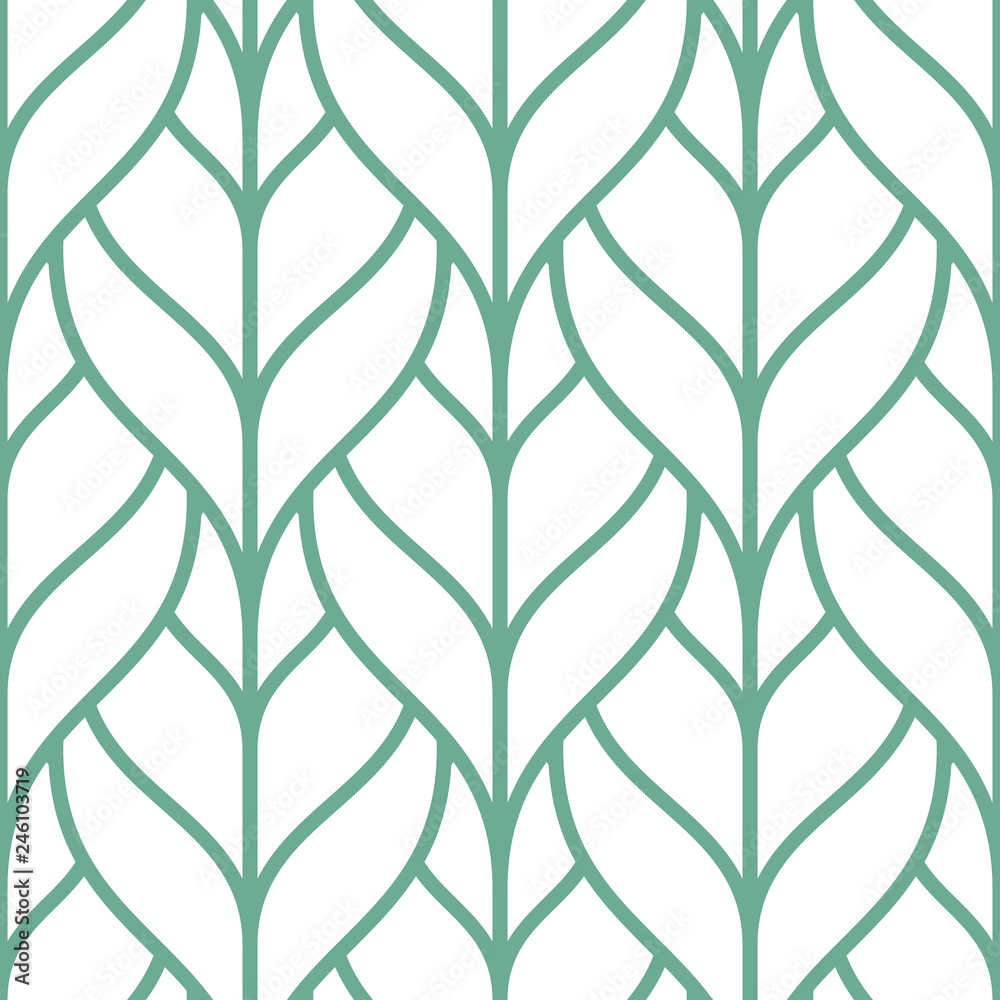 Stylish seamless pattern with green outline leaves