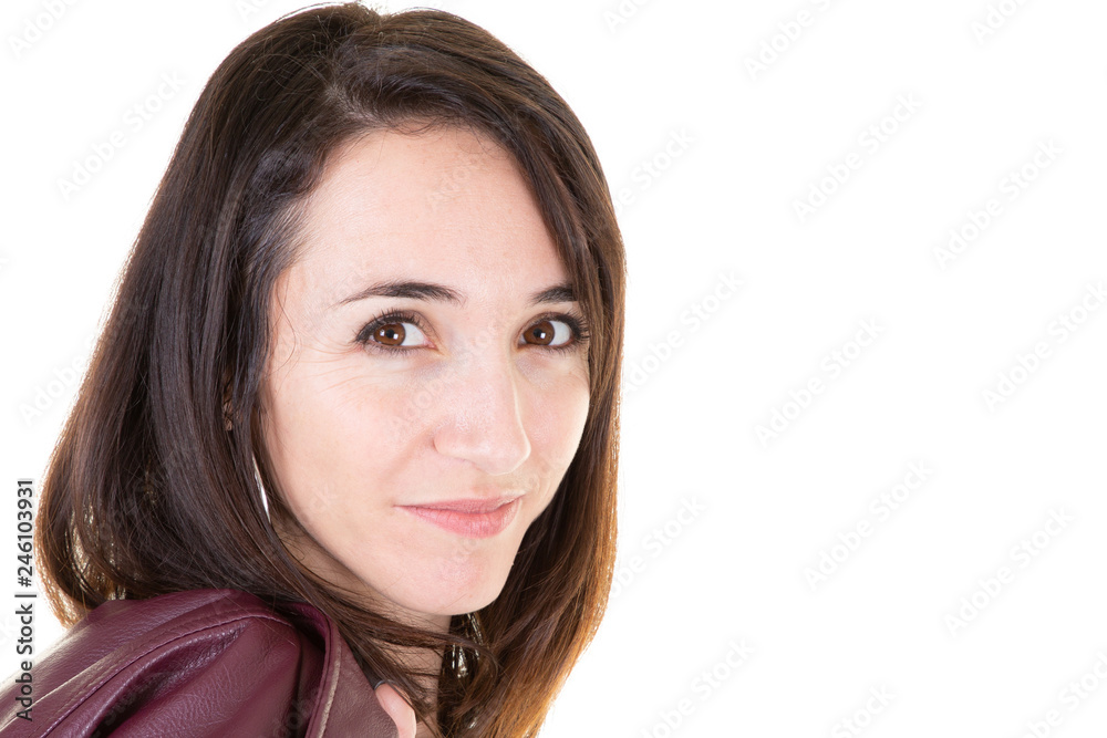 Close up portrait of pretty young brunette woman with serious face with copy space Close up portrait of pretty young brunette woman with serious face with copy space