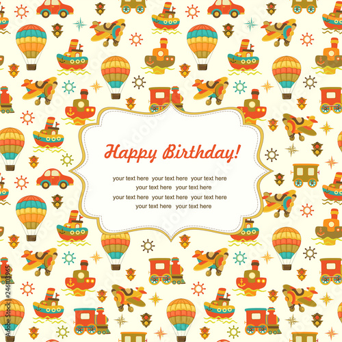 Seamless adventure baby pattern. Illustration with car, train, airplane and ship for kids. Children background for wallpaper, textile. Baby shower pattern or birthday greeting card. 