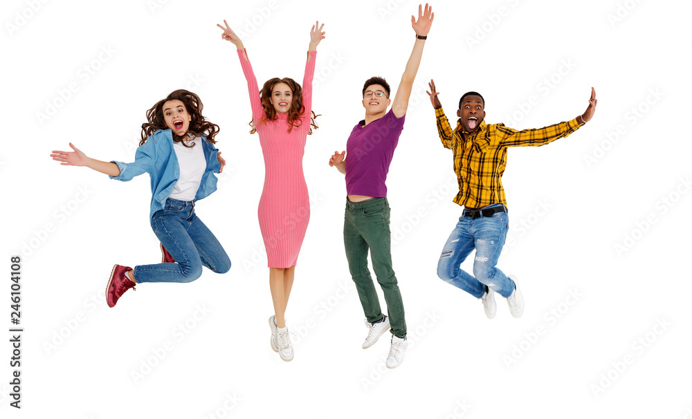 group of cheerful young people men and women isolated on white background. group of cheerful young people men and women isolated on white background.