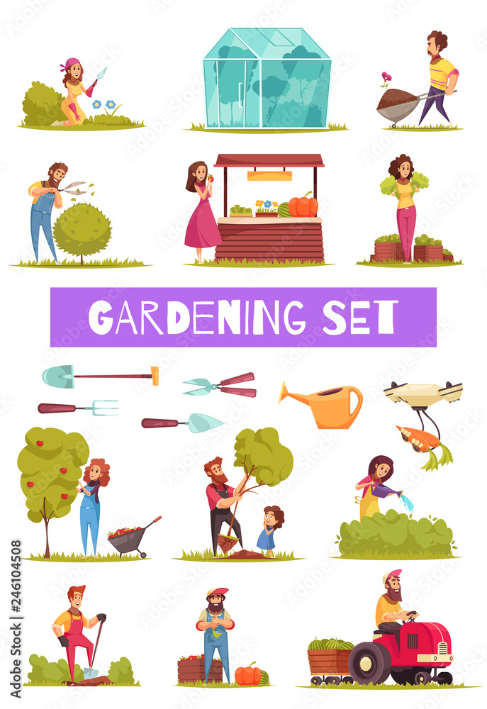 Fototapeta premium Gardening Cartoon Icons Set