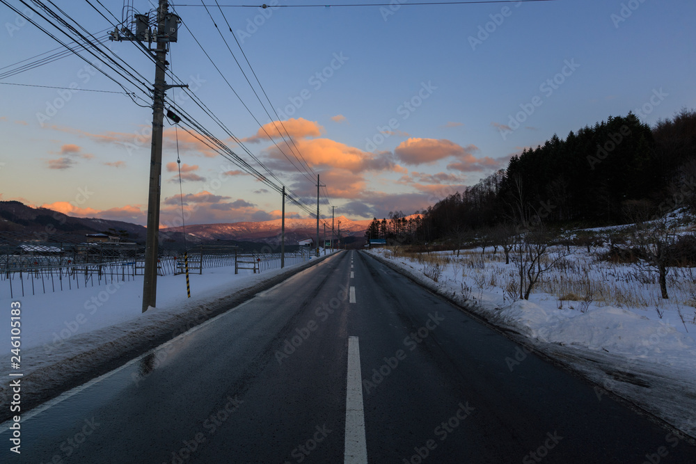 Beautiful Winter Landscape with Winter forest under the snow , powder snow on a road in, Hokkaido Japan Beautiful Winter Landscape with Winter forest under the snow , powder snow on a road in, Hokkaido Japan