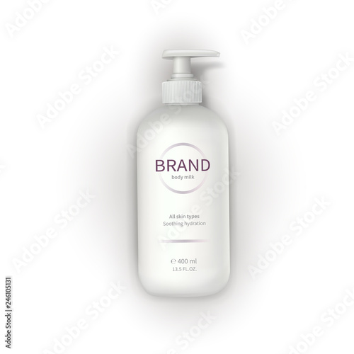 Vector realistic cosmetic container template, white plastic bottle with dispenser, pump and brand label isolated on white background. Skin care cosmetics, cream, lotion, liquid soap or bath foam