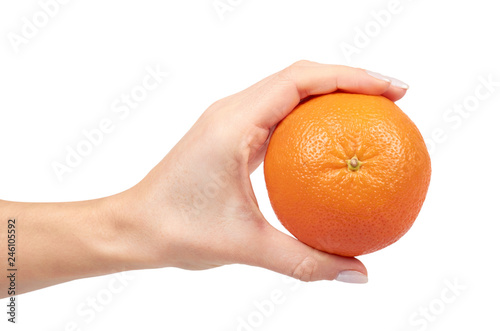 Hand with fresh orange tangerine, raw citrus fruit