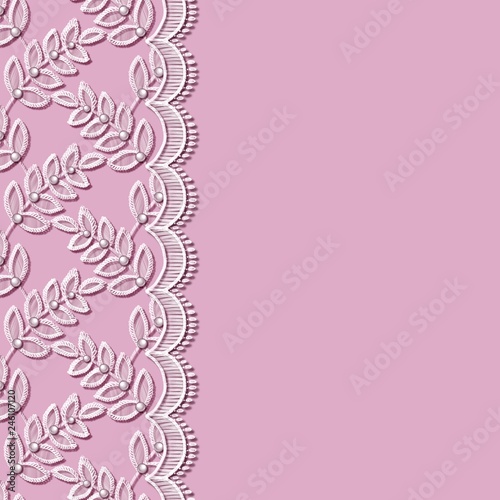 Lace seamless pattern with decortive white leaves on pink background