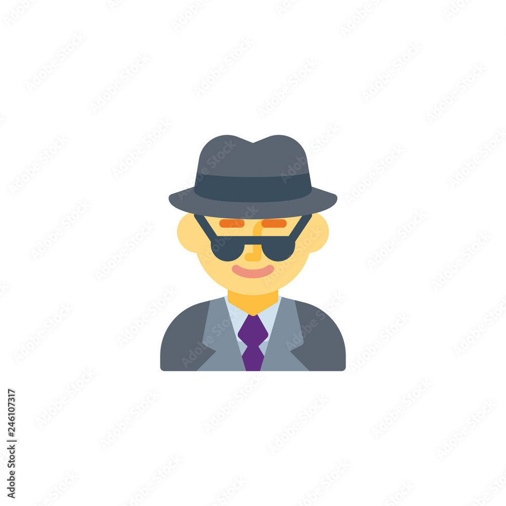 Man spy agent flat icon, vector sign, colorful pictogram isolated on white. Man detective avatar character symbol, logo illustration. Flat style design