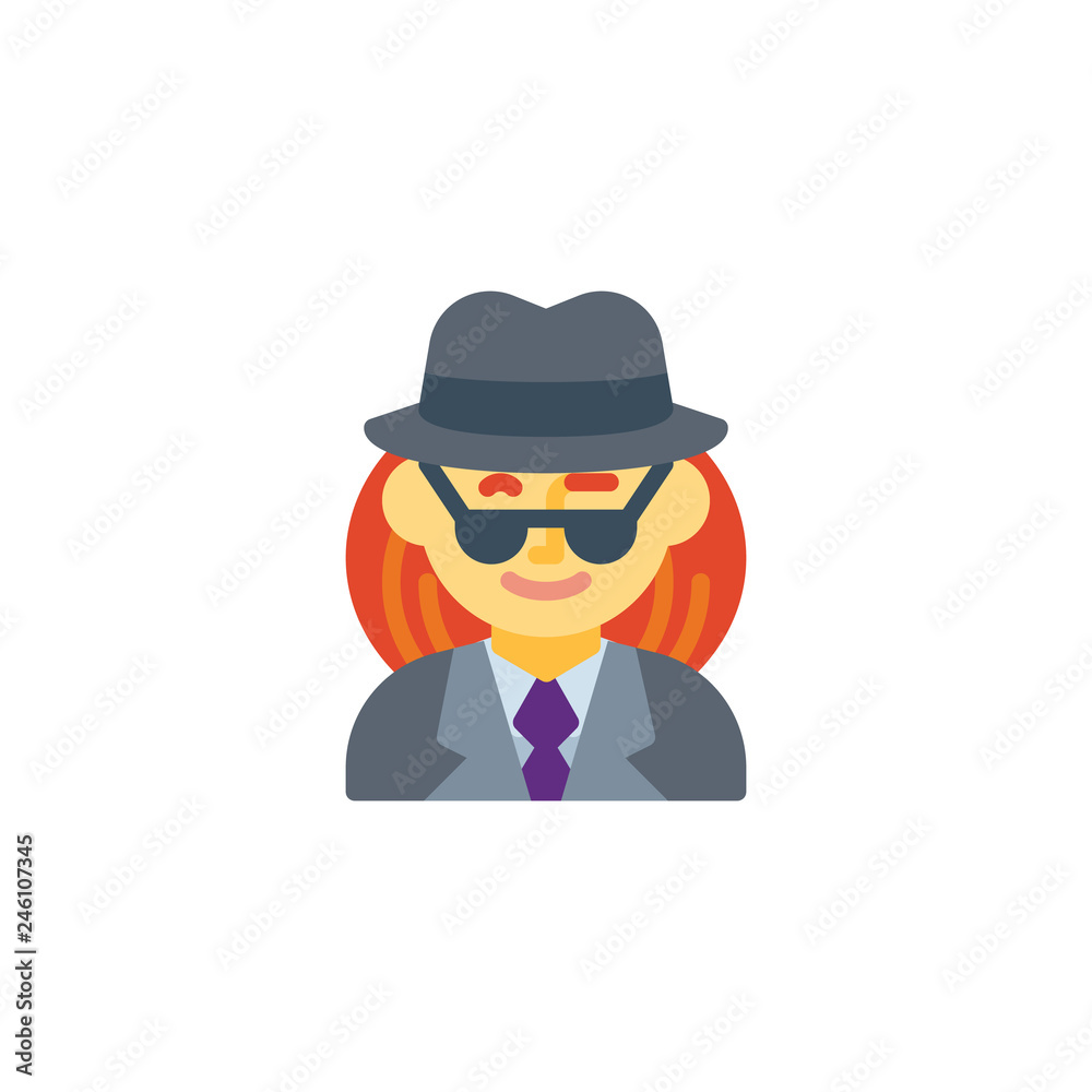 Woman spy agent flat icon, vector sign, colorful pictogram isolated on white. Woman detective avatar character symbol, logo illustration. Flat style design