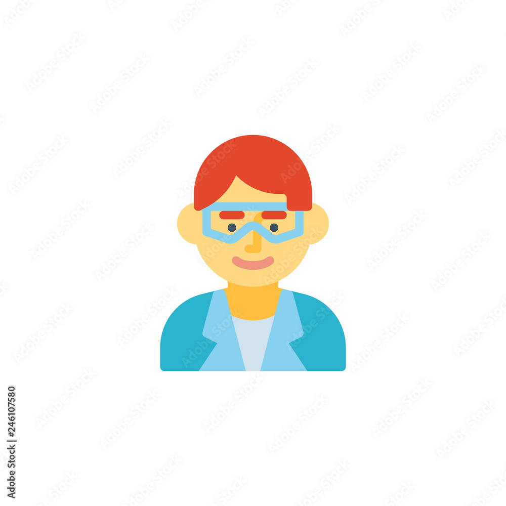 Student lab assistant flat icon, vector sign, colorful pictogram isolated on white. Man scientist avatar character symbol, logo illustration. Flat style design