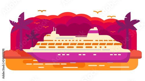Cruise ship.Passenger ocean liner, Tropical island of a palm tree.Flat vector. Banner concept.Summertime beach sunset.