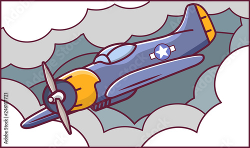 Military aircraft old propeller powered aviation. American aircraft fighter. World war 2. Flat line art vector.Fighter Plane .