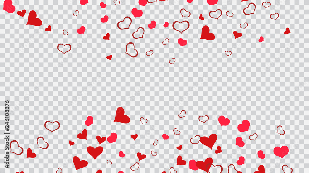 Red on Transparent background Vector. Happy background. Design element for wallpaper, textiles, packaging, printing, holiday invitation for wedding. Red hearts of confetti crumbled.