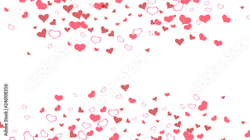 Red hearts of confetti are flying. Spring background. A sample of wallpaper design, textiles, packaging, printing, holiday invitation for birthday. Red on White fond Vector.