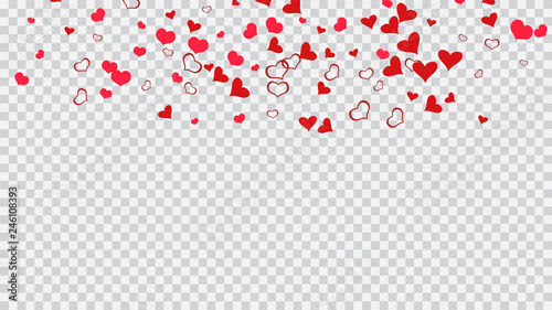 Red hearts of confetti are flying. Red on Transparent fond Vector. Romantic background. Part of the design of wallpaper, textiles, packaging, printing, holiday invitation for birthday.