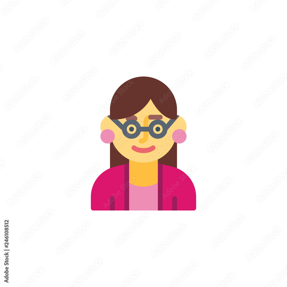 Woman teacher avatar character flat icon, vector sign, colorful pictogram isolated on white. Female teacher with glasses symbol, logo illustration. Flat style design