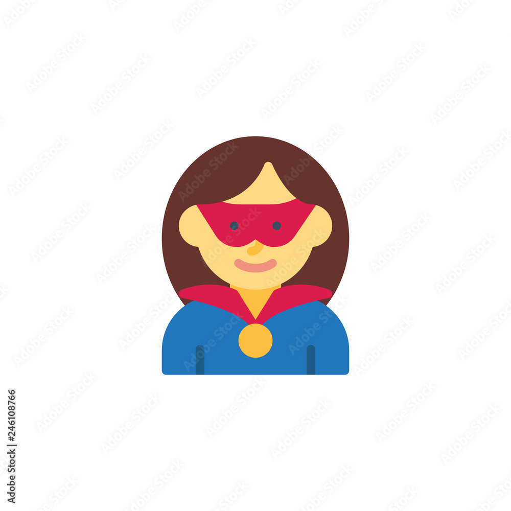 Superhero wearing a mask flat icon, vector sign, colorful pictogram isolated on white. Woman superhero avatar character symbol, logo illustration. Flat style design Superhero wearing a mask flat icon, vector sign, colorful pictogram isolated on white. Woman superhero avatar character symbol, logo illustration. Flat style design