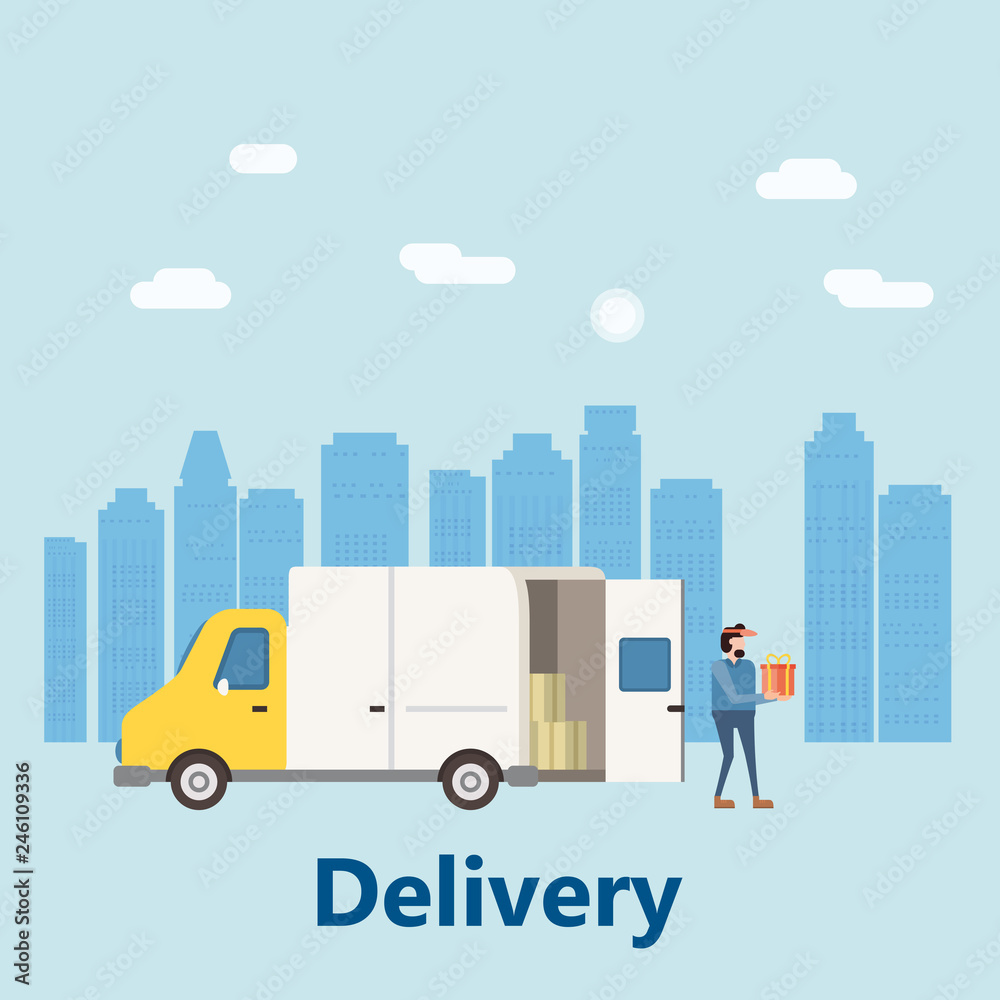 Concept delivery service, landing. Delivery truck rides on the way to the buyer. Service, delivery with a parcel box. Internet delivery, idea, vector, illustration for web sites, shops, animation