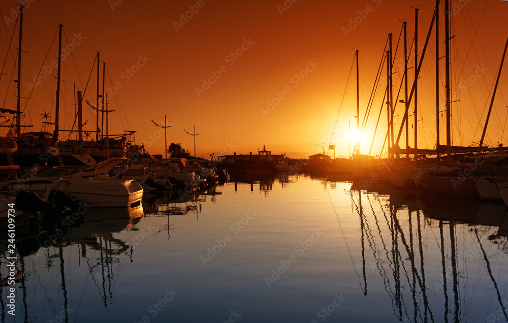 Taverna harbor sunrise in eastern coast of Corsica